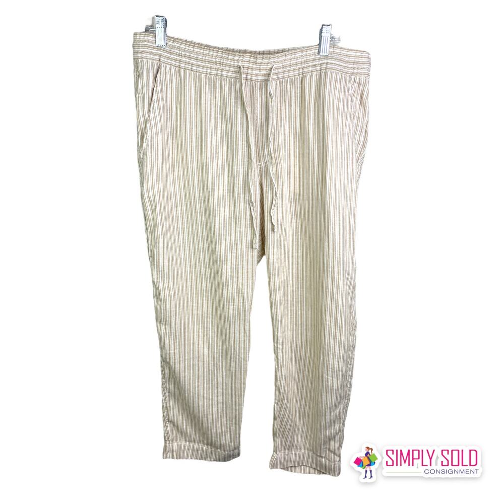 Gap Women's Sz LP Easy Pant Khaki White Striped Seersucker Linen Blend Summer